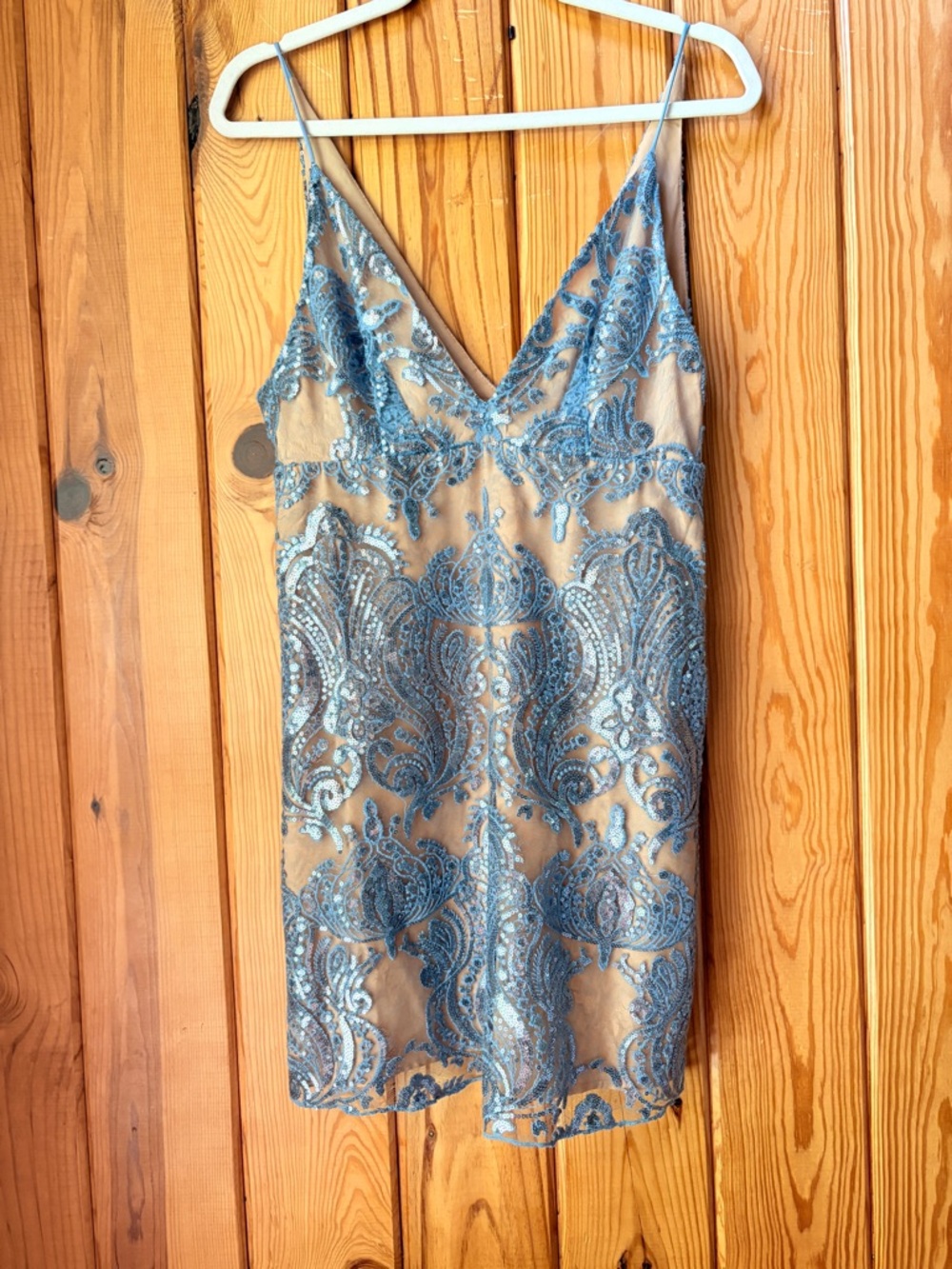 Embroidered Blue Sequin Over Nude Slip Dress